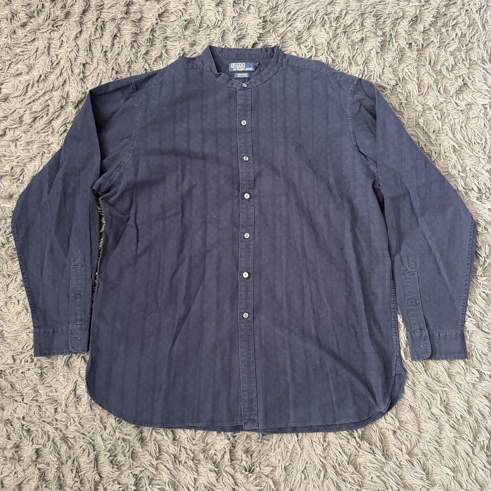 Vtg Polo Ralph Lauren Bernard Linen Shirt Mens XL Navy Band Collar Herringbone